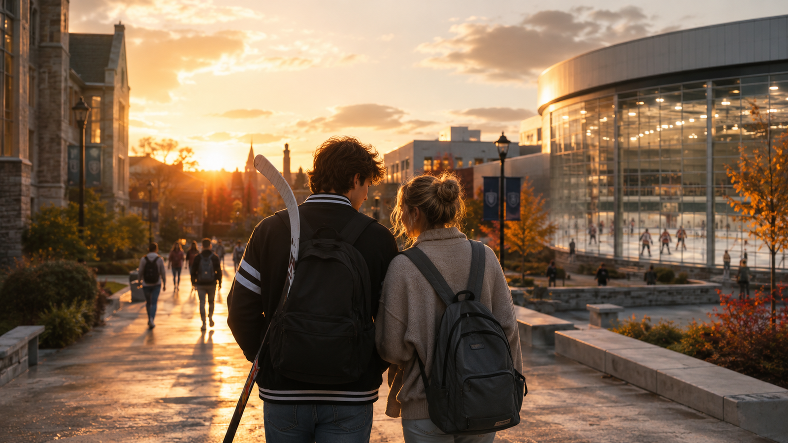 A stylish college romance drama scene with young students near a university campus and ice hockey atmosphere, inspired by Off Campus on Prime Video.