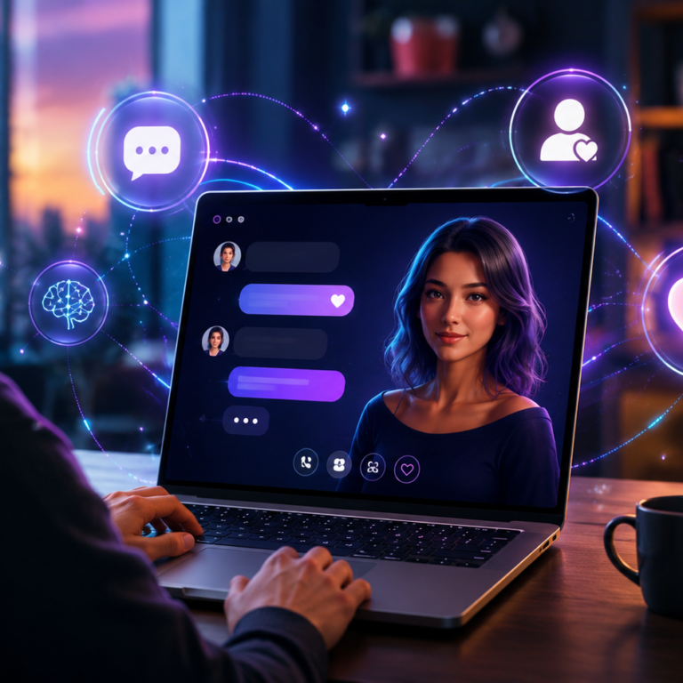 A futuristic AI companion app interface with glowing chat bubbles, heart icons and a digital companion theme in blue and purple neon lighting.