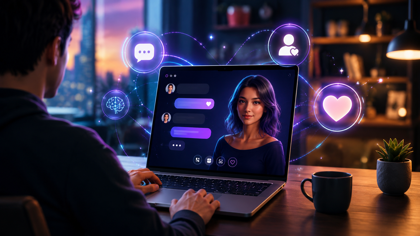 A futuristic AI companion app interface with glowing chat bubbles, heart icons and a digital companion theme in blue and purple neon lighting.