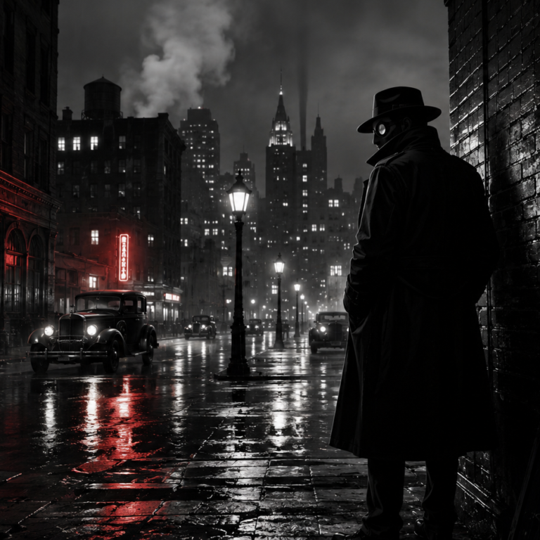 A dark rainy noir city street with vintage cars, wet reflections, red highlights and a mysterious masked detective figure in the shadows.