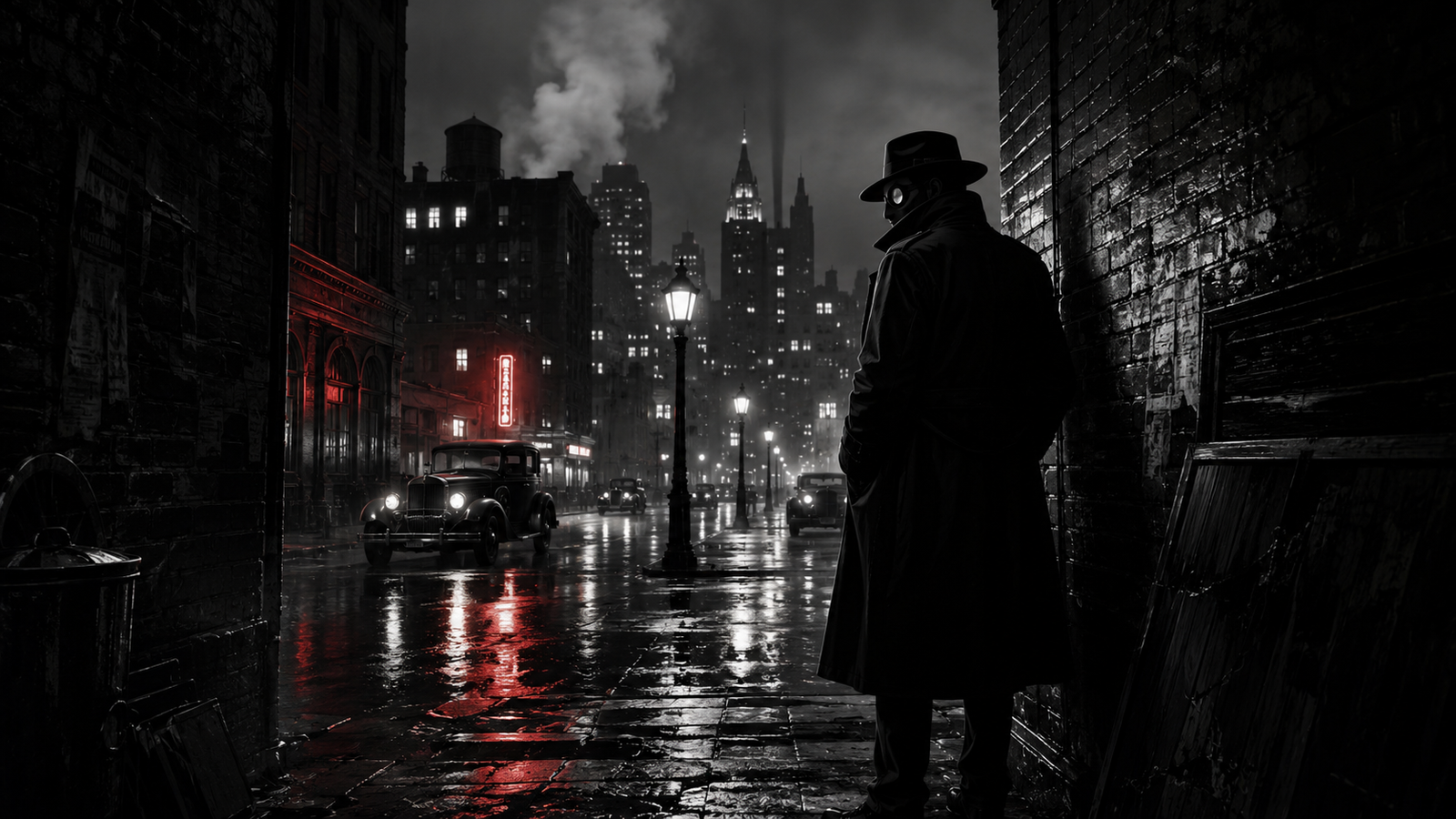 A dark rainy noir city street with vintage cars, wet reflections, red highlights and a mysterious masked detective figure in the shadows.