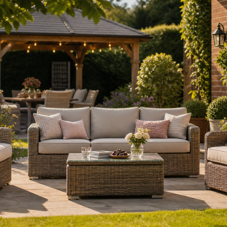 Charles Bentley garden furniture and outdoor living setup with rattan seating, patio accessories and garden décor.