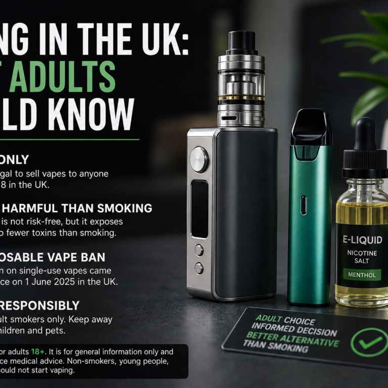 Vaping in the UK educational image explaining adult-only use, health risks, disposable vape rules and responsible vaping.