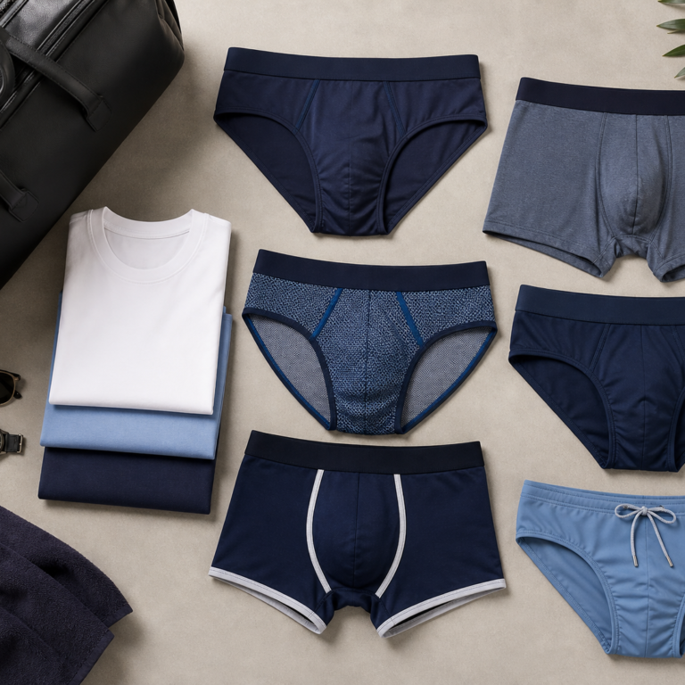 Dead Good Undies men’s underwear and swimwear flat lay featuring designer briefs, trunks, swimwear and everyday men’s style essentials.