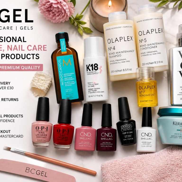 BC GELS professional hair care, nail care and beauty products flat lay featuring shampoo, conditioner, hair oil, nail polish and salon essentials.
