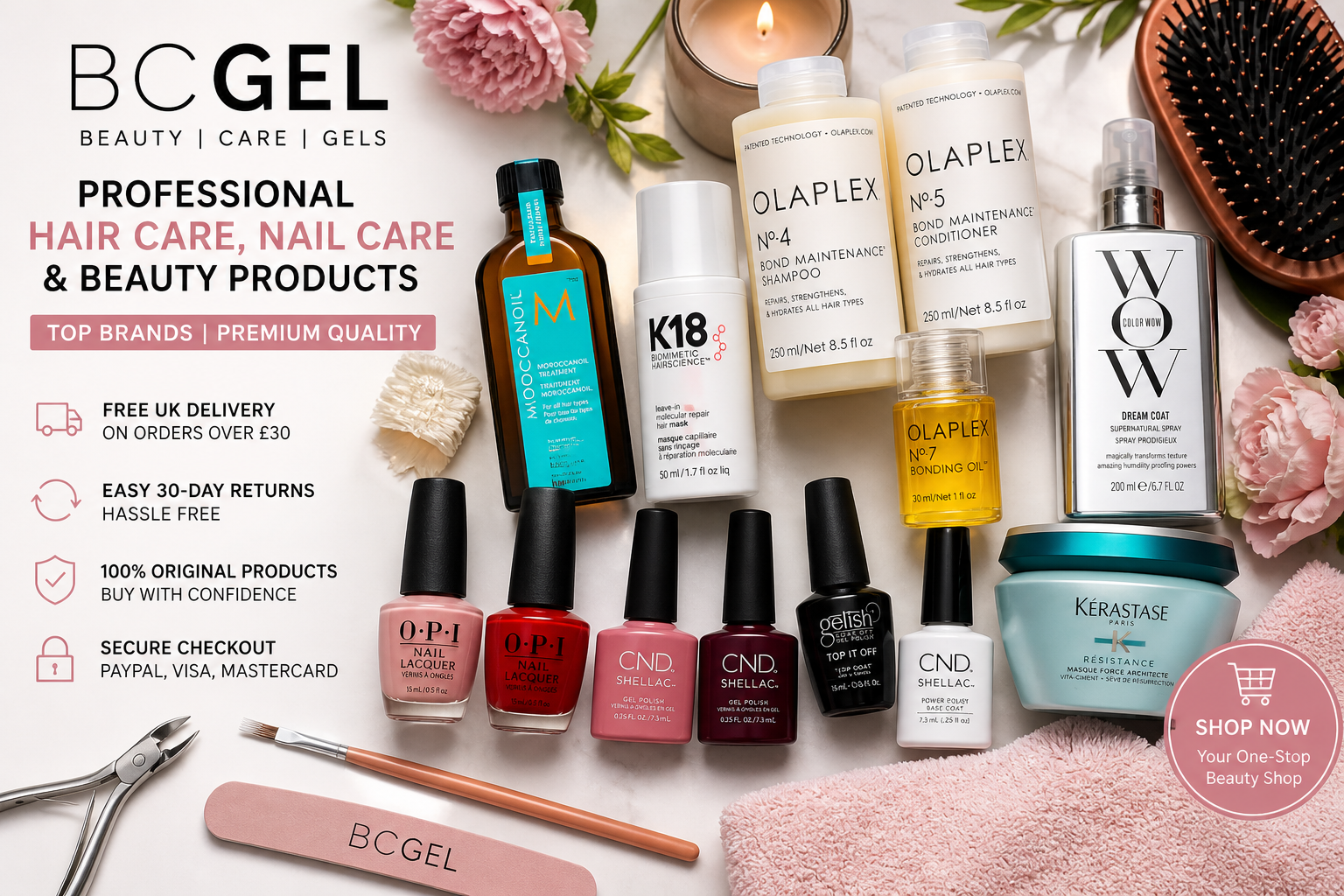 BC GELS professional hair care, nail care and beauty products flat lay featuring shampoo, conditioner, hair oil, nail polish and salon essentials.