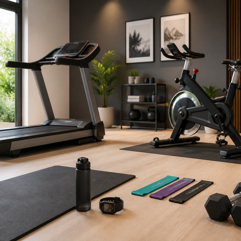 Sweatband home gym equipment setup featuring treadmill, exercise bike, dumbbells, yoga mat and fitness accessories.