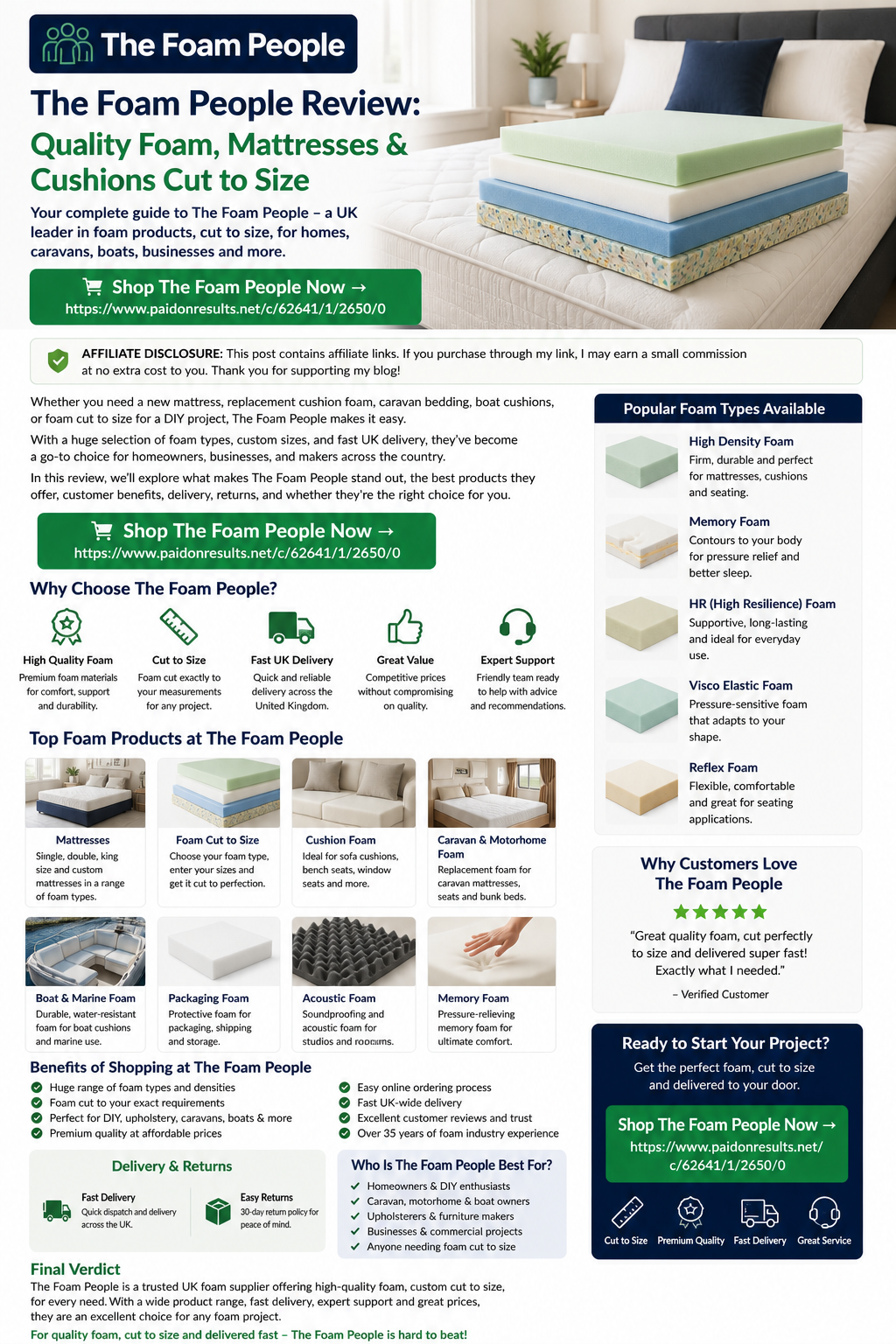 The Foam People foam mattress and topper setup with custom caravan bedding, zip covers, pillows and a tape measure.