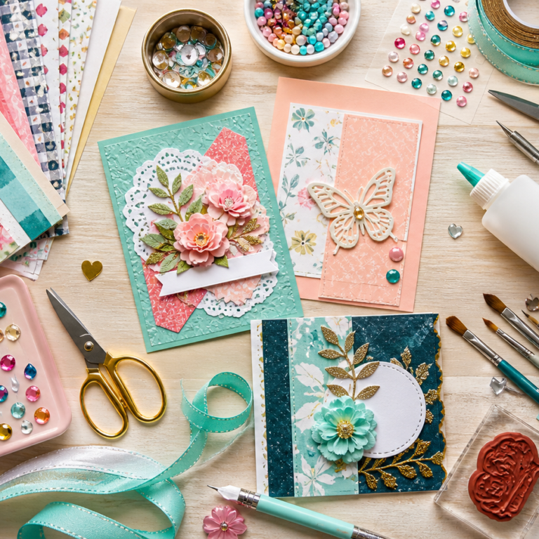 Printable Heaven craft supplies flat lay featuring card making kits, printable papers, stickers, ribbons, stamps, stencils and embellishments.