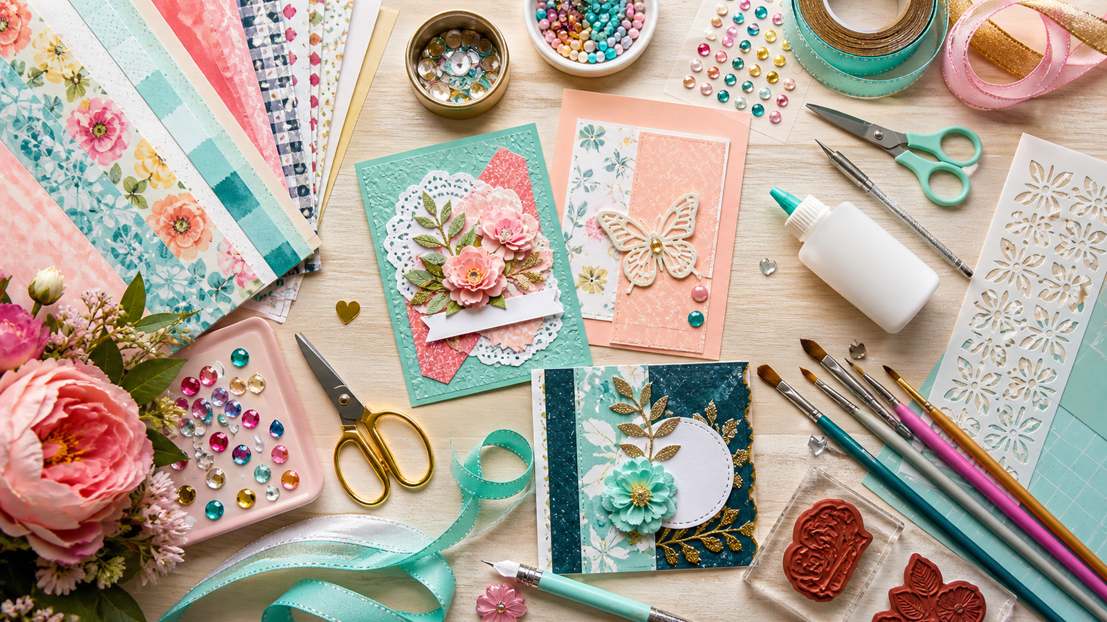Printable Heaven craft supplies flat lay featuring card making kits, printable papers, stickers, ribbons, stamps, stencils and embellishments.