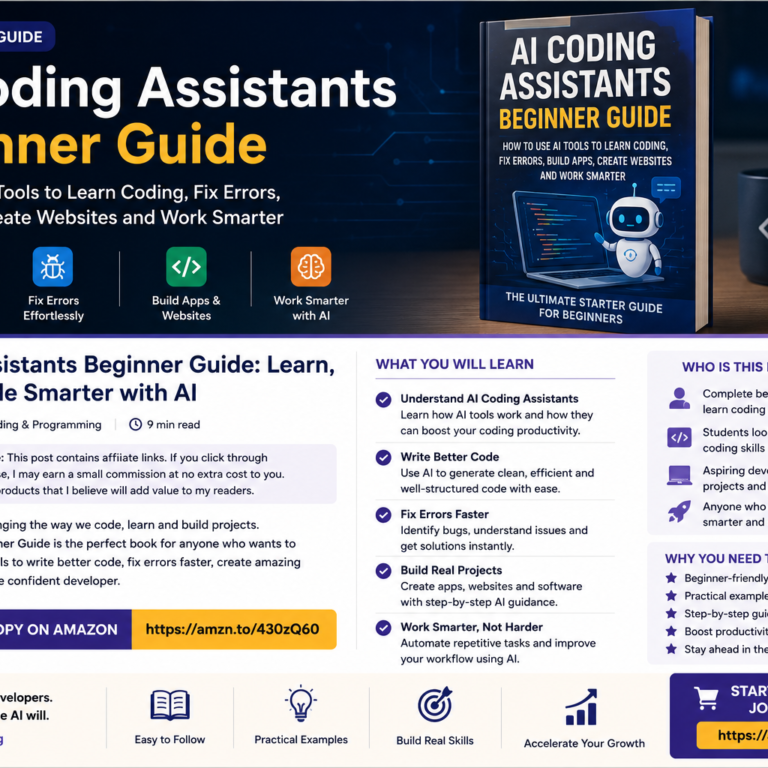 Rectangular AI coding assistants beginner guide cover image with laptop code editor, AI chatbot, app building icons and website development theme.