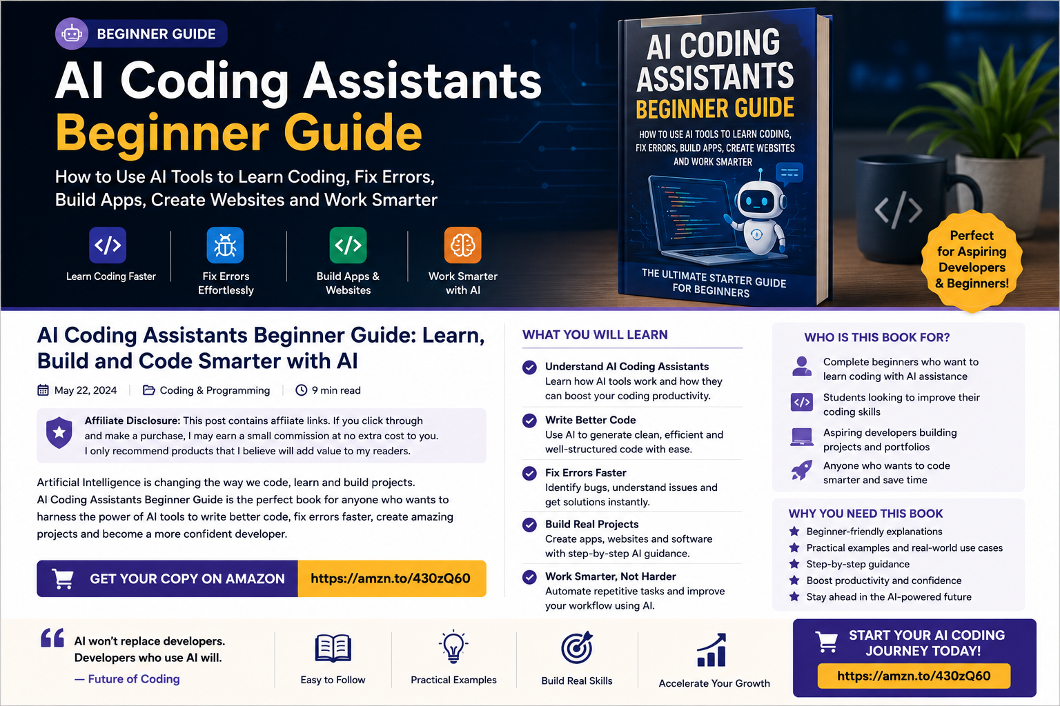 Rectangular AI coding assistants beginner guide cover image with laptop code editor, AI chatbot, app building icons and website development theme.