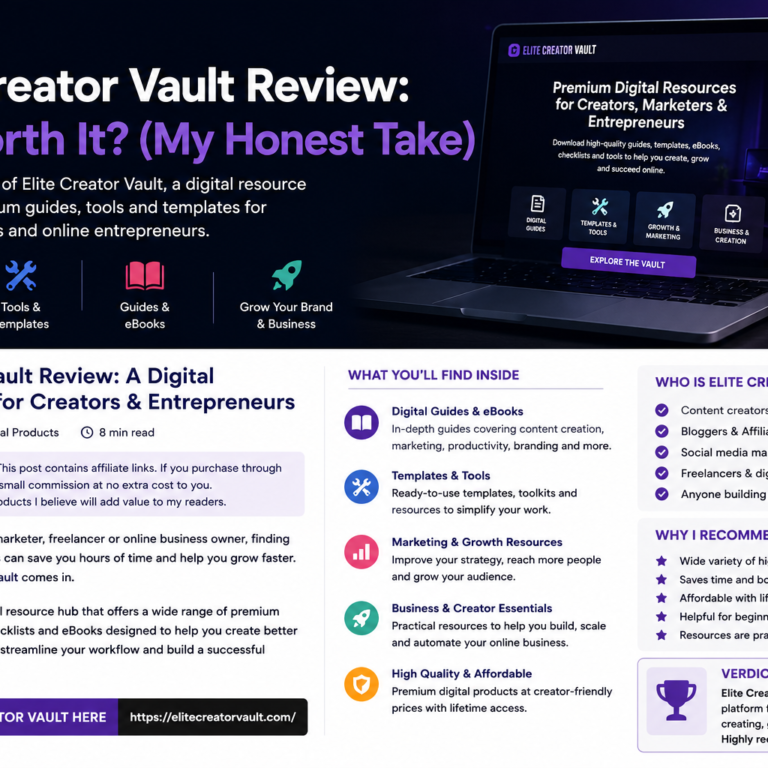 Rectangular Elite Creator Vault review cover image with laptop dashboard, digital product icons, creator resources, AI guides and online business theme.