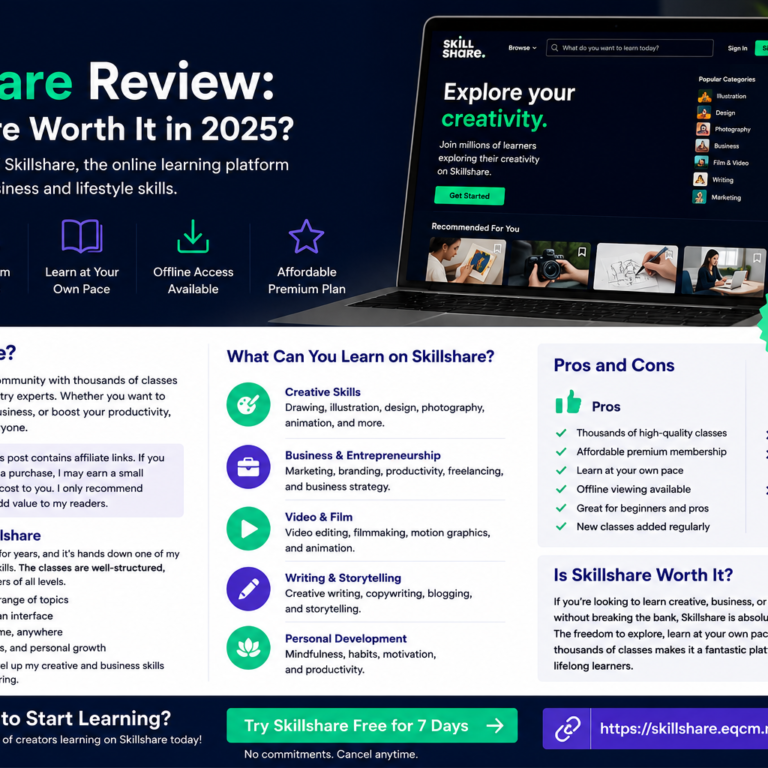 Rectangular Skillshare review cover image with laptop, online classes, creative learning icons, design tools and digital education theme.