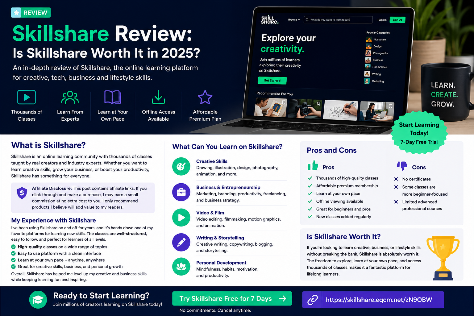 Rectangular Skillshare review cover image with laptop, online classes, creative learning icons, design tools and digital education theme.