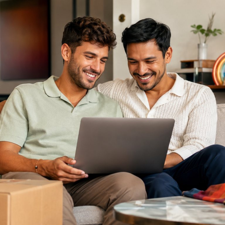 Discreet LGBTQ+ lifestyle shopping scene with premium underwear, grooming items, plain packaging and rainbow accessories.