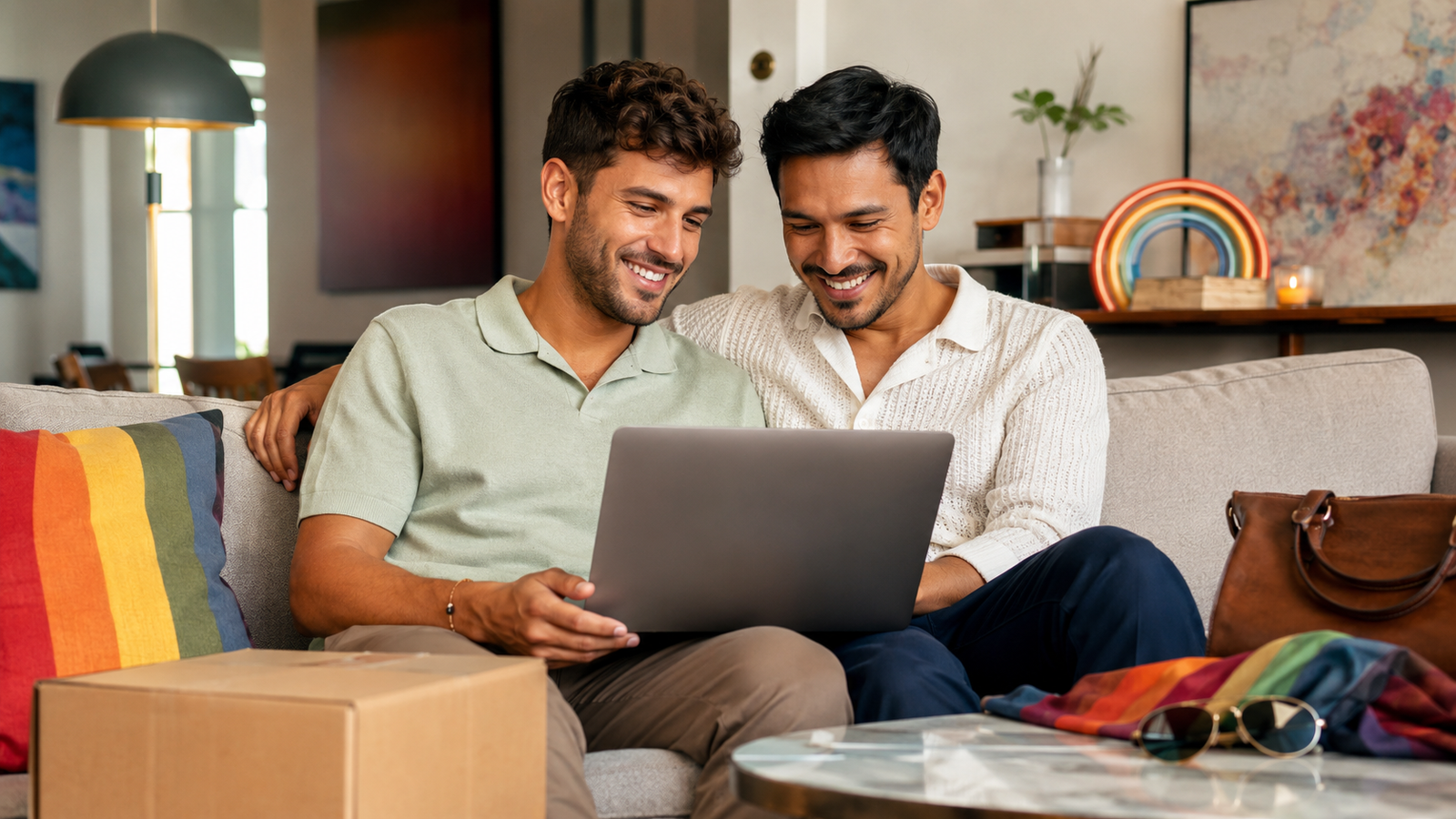 Discreet LGBTQ+ lifestyle shopping scene with premium underwear, grooming items, plain packaging and rainbow accessories.
