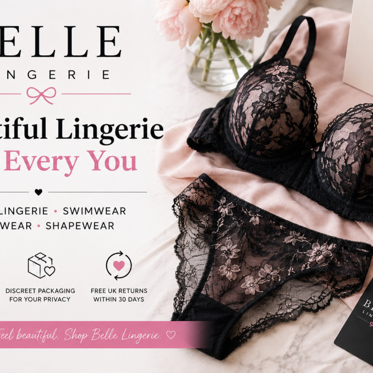 Elegant Belle Lingerie inspired banner featuring black lace lingerie, soft pink styling, bras, swimwear, nightwear and shapewear categories.
