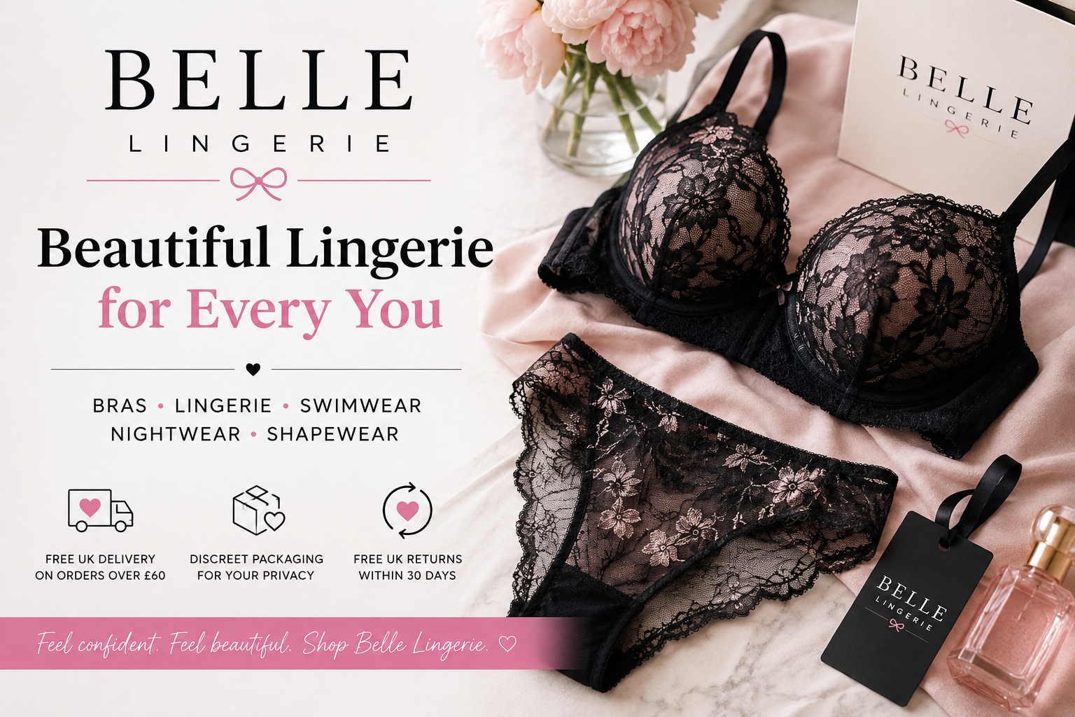Elegant Belle Lingerie inspired banner featuring black lace lingerie, soft pink styling, bras, swimwear, nightwear and shapewear categories.