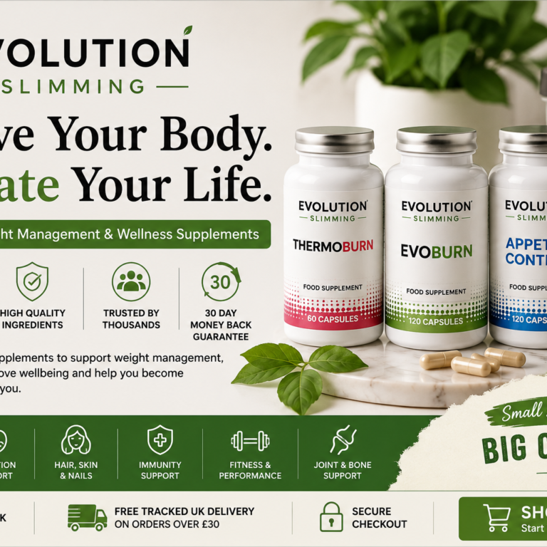 Rectangular Evolution Slimming wellness supplement banner with product bottles, capsules, green styling and healthy lifestyle theme.