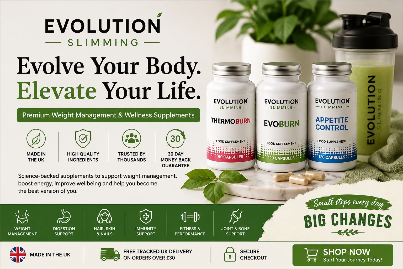 Rectangular Evolution Slimming wellness supplement banner with product bottles, capsules, green styling and healthy lifestyle theme.