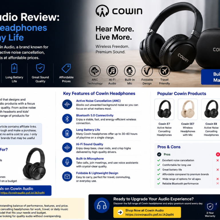 Rectangular COWIN Audio review cover image featuring wireless headphones, noise cancelling earbuds, portable speaker and modern Bluetooth audio technology.