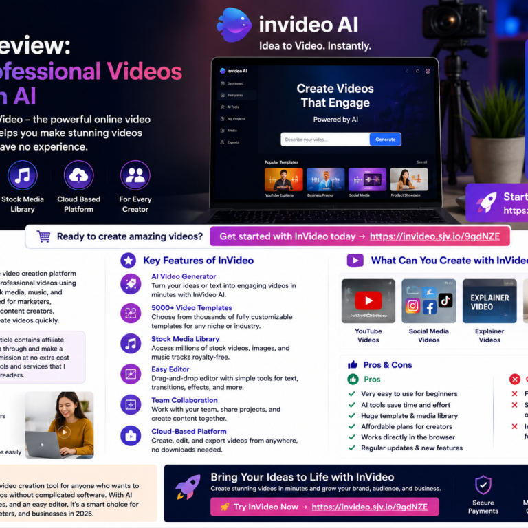 Rectangular InVideo review cover image featuring laptop video editor, AI prompt panel, subtitles, voiceover icons, social media previews and video creation tools.