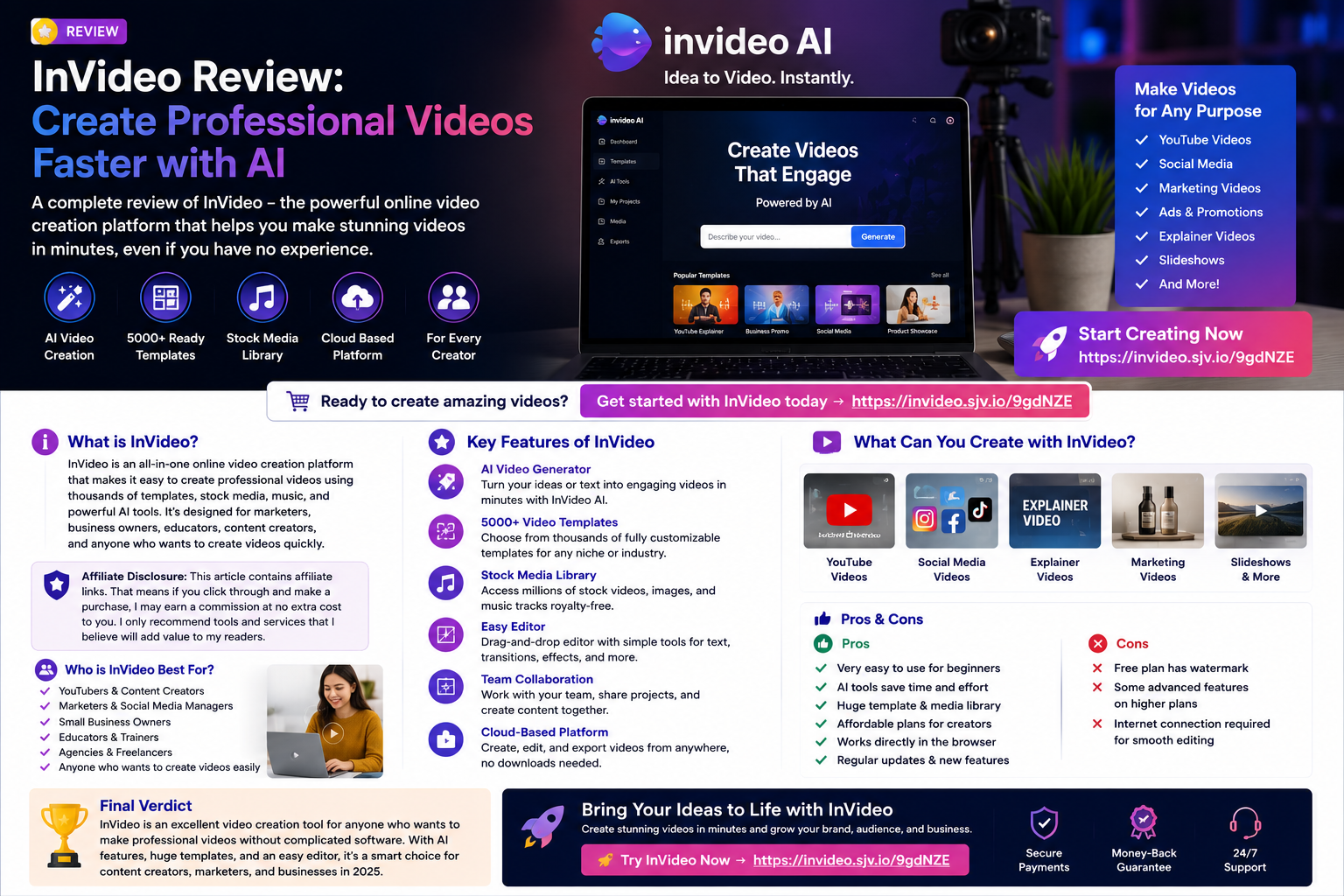 Rectangular InVideo review cover image featuring laptop video editor, AI prompt panel, subtitles, voiceover icons, social media previews and video creation tools.
