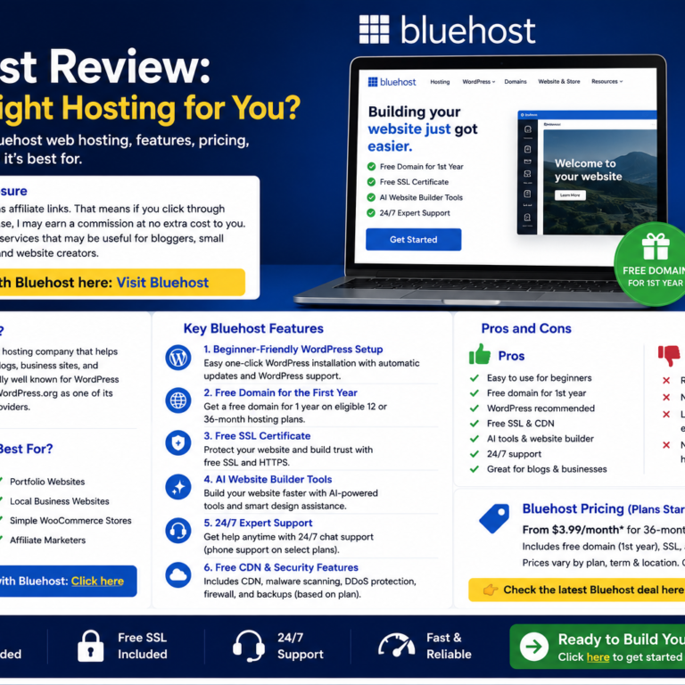 Rectangular Bluehost review blog cover image featuring a laptop website dashboard, WordPress hosting theme, domain setup, SSL security, AI website builder and small business website icons.