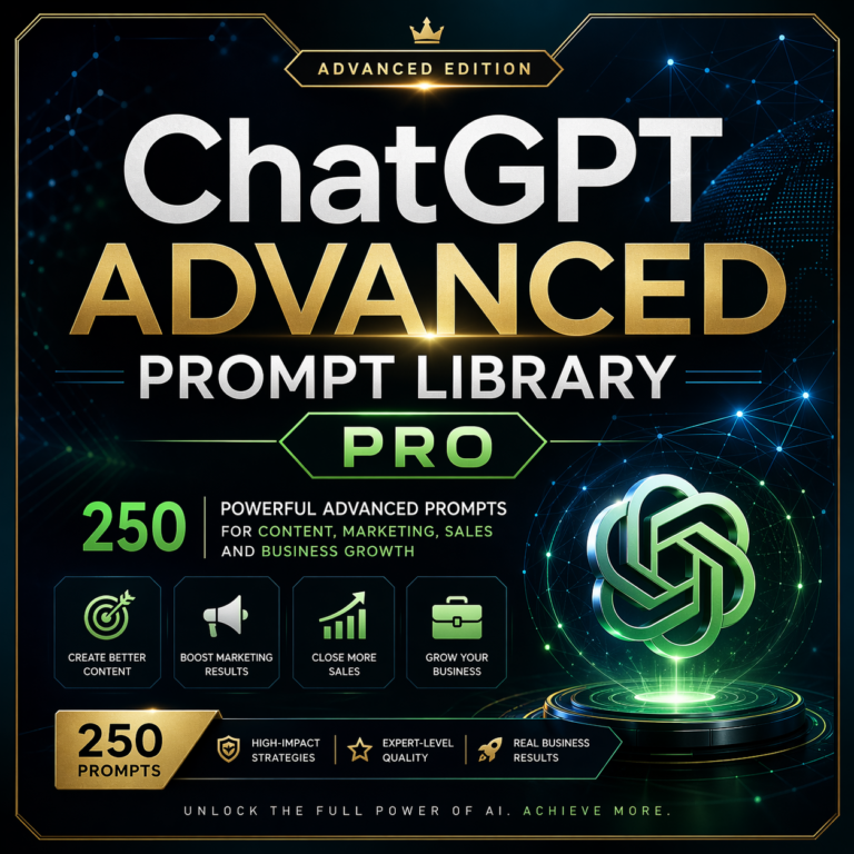 ChatGPT Advanced Prompt Library Pro cover featuring 250 advanced prompts for content creation, marketing, sales, ecommerce, branding and business growth.