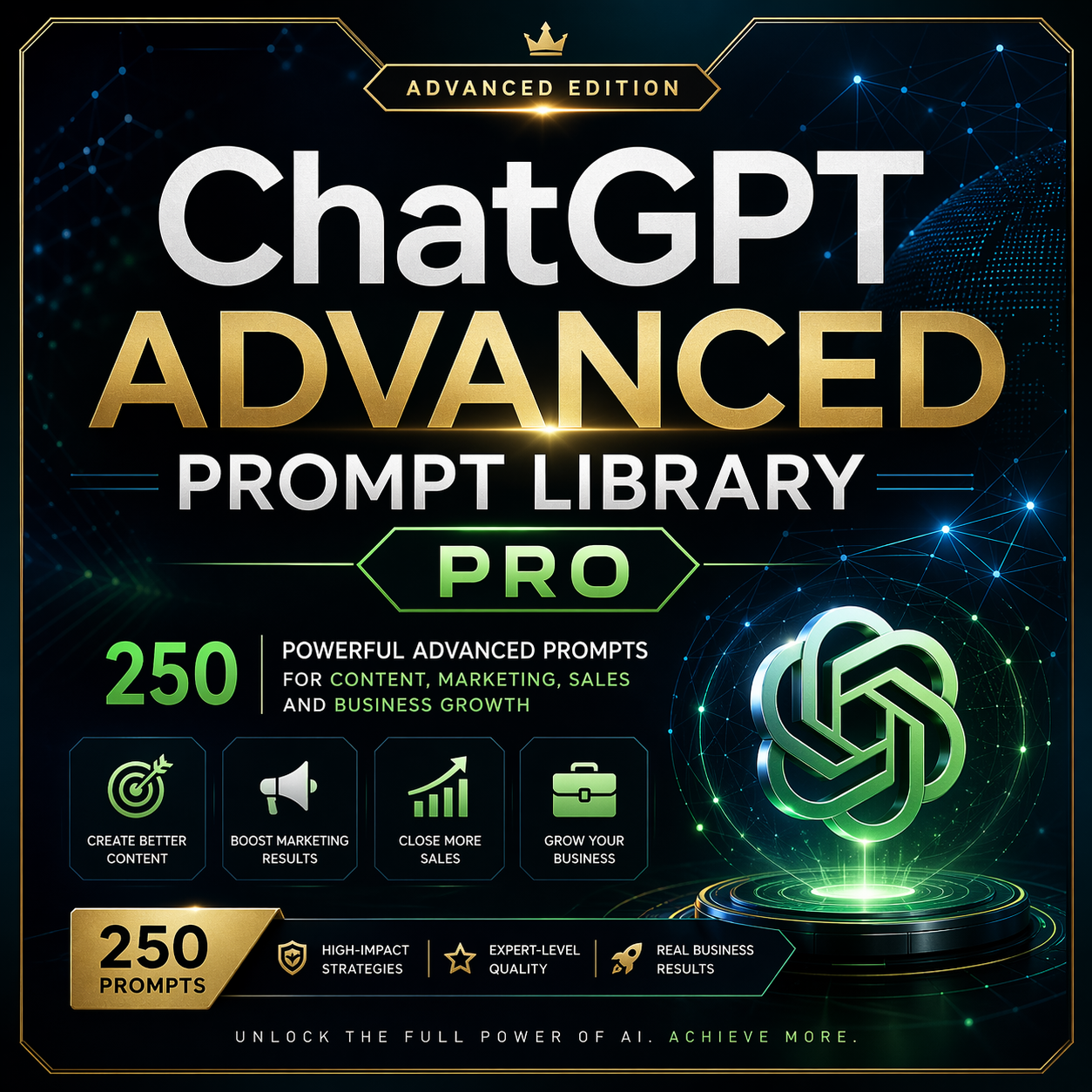 ChatGPT Advanced Prompt Library Pro cover featuring 250 advanced prompts for content creation, marketing, sales, ecommerce, branding and business growth.