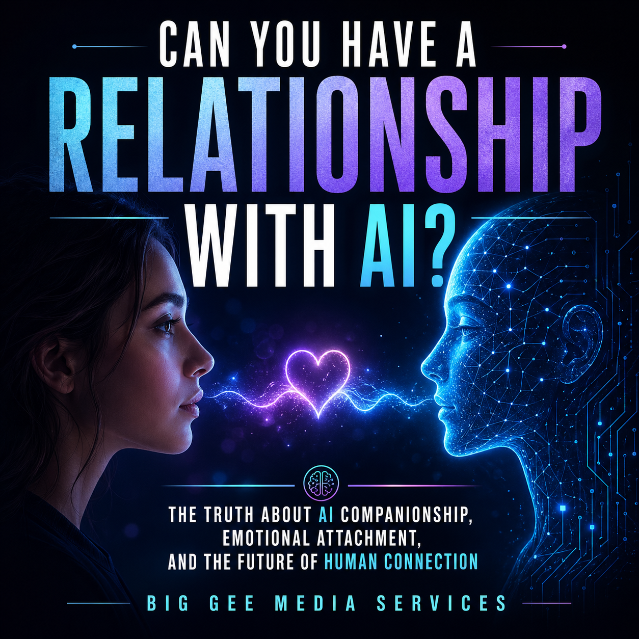 Futuristic cover image showing a human face and glowing AI face with a heart symbol, exploring AI companionship, emotional attachment and human connection.