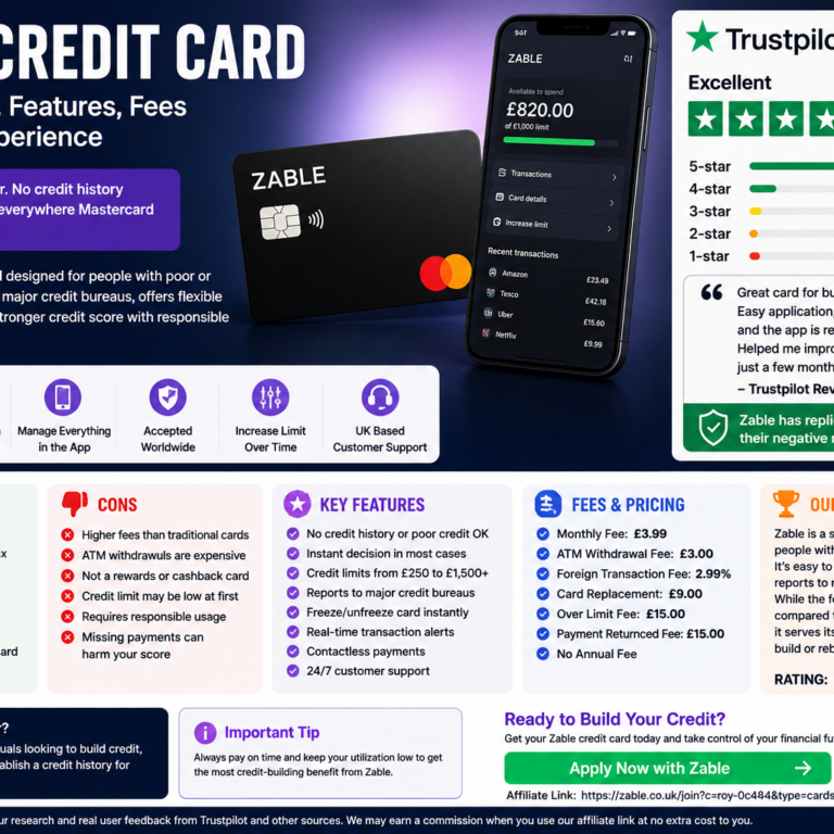 Zable Credit Card review blog cover featuring credit building, app management, representative APR, eligibility checking, Mastercard payments, and Trustpilot reviews.