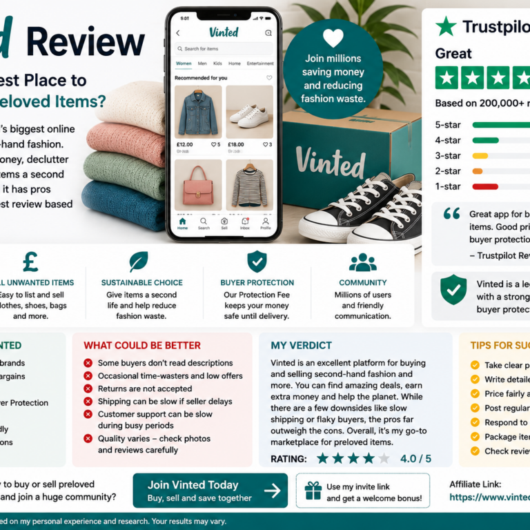 Vinted review blog cover featuring second-hand fashion, buying and selling pre-loved clothes, Buyer Protection, courier delivery, and Trustpilot review information.