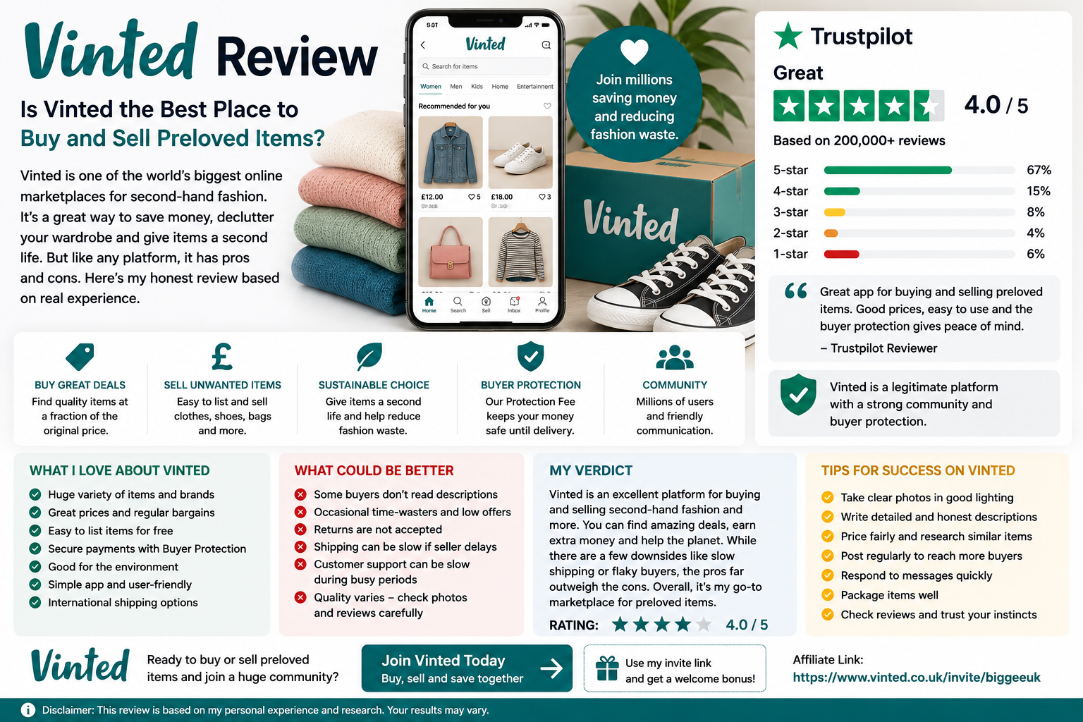 Vinted review blog cover featuring second-hand fashion, buying and selling pre-loved clothes, Buyer Protection, courier delivery, and Trustpilot review information.