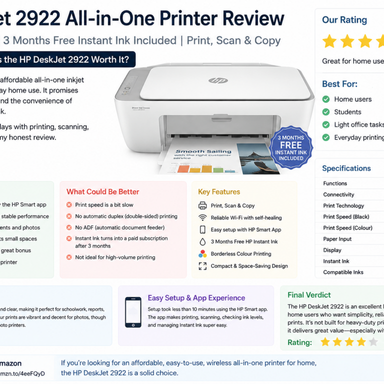 HP DeskJet 2922 review blog cover featuring a wireless colour all-in-one printer with print, scan, copy, easy setup, Wi-Fi, and 3 months Instant Ink included.