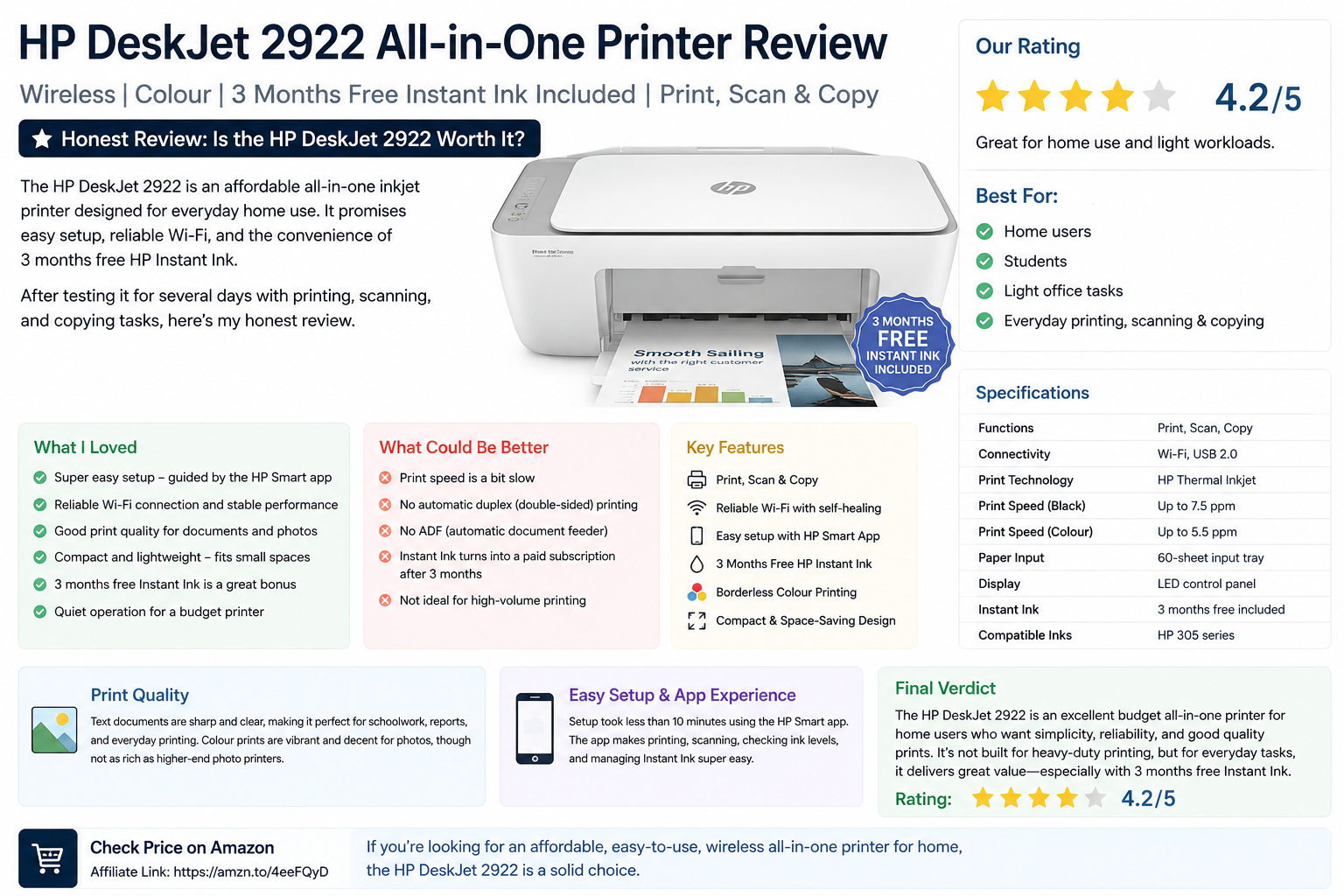 HP DeskJet 2922 review blog cover featuring a wireless colour all-in-one printer with print, scan, copy, easy setup, Wi-Fi, and 3 months Instant Ink included.