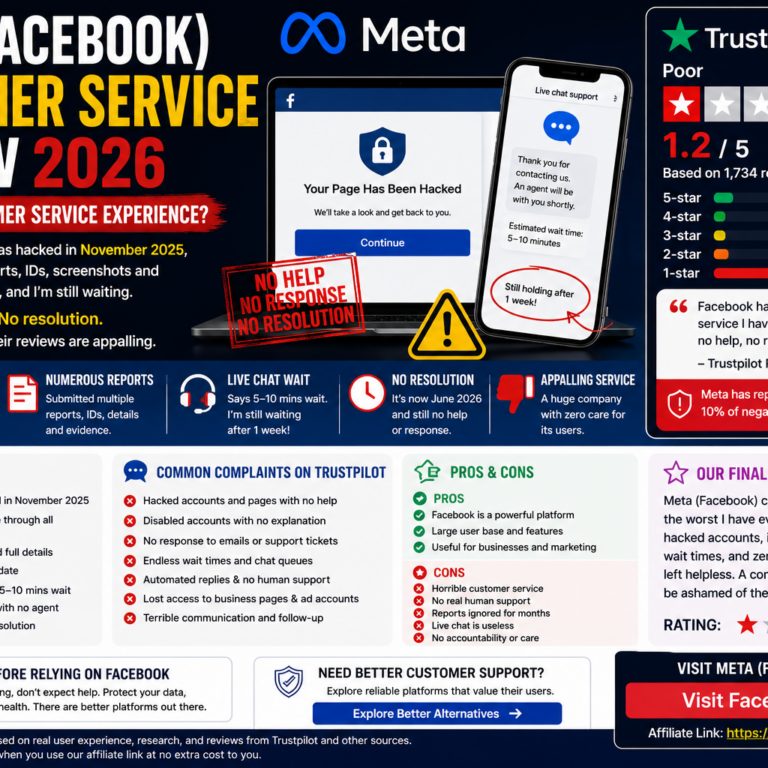 Facebook Meta customer service review cover showing a hacked Page warning, unanswered live chat, and a seven-month unresolved support complaint.